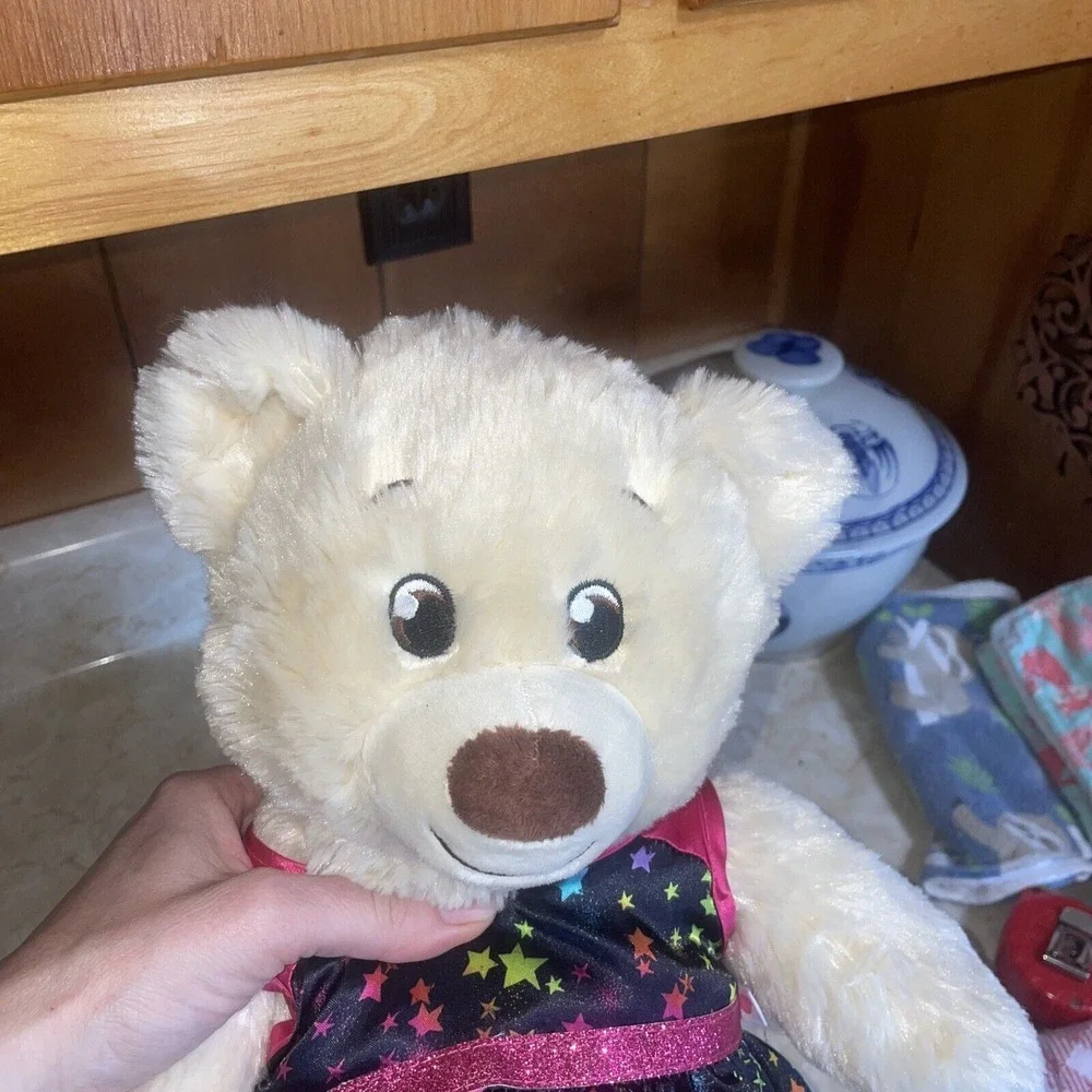2020 Cream Build‎ A Bear With Black & Pink Star Dress And Glitter Patent Shoes